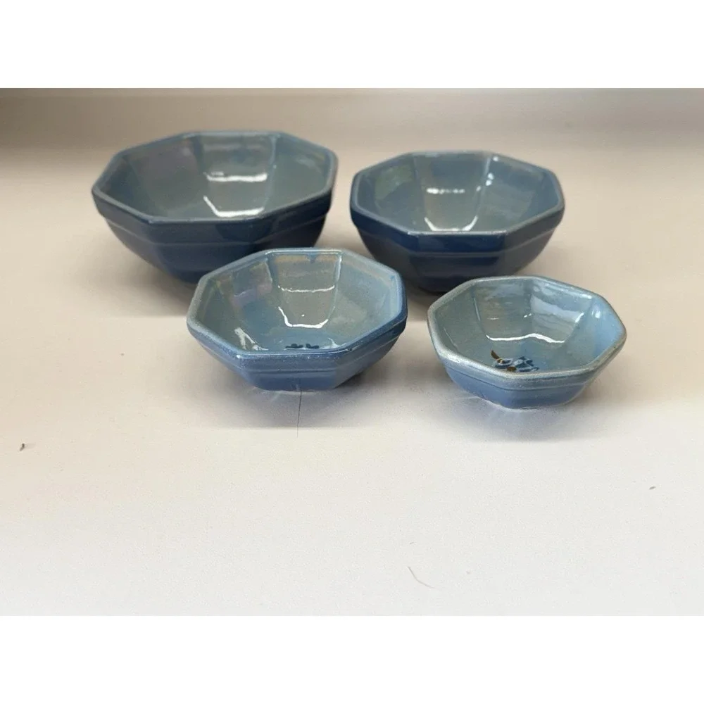 Vintage Blue Art Pottery Nesting Measuring Bowls Stoneware MCM Kitchen Set Of 4